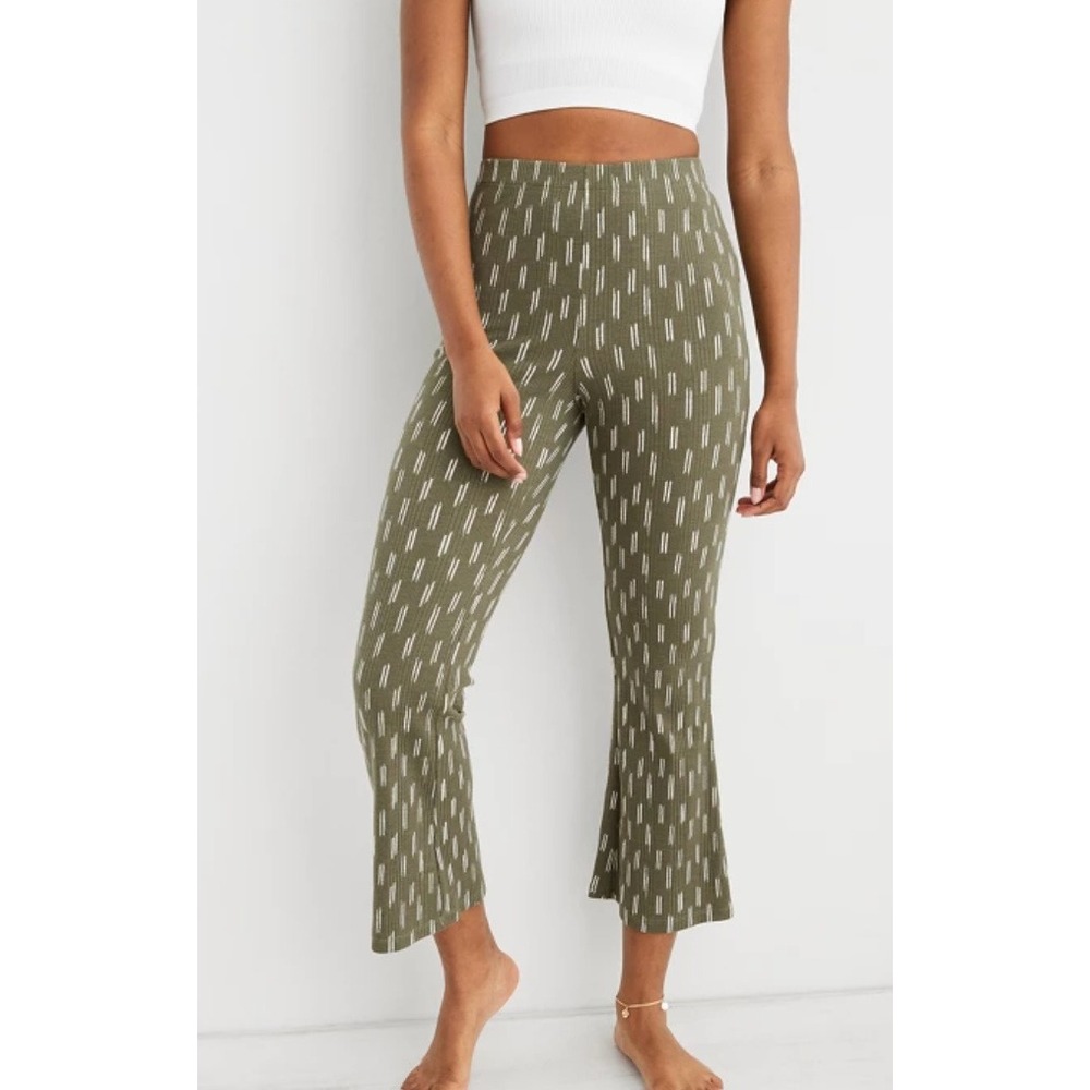 Aerie Olive Green Ribbed Flare Pants White Dash Print High Waisted Small